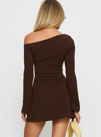 Adrietta Long Sleeve Off Shoulder Knit Mini Dress Brown Princess Polly