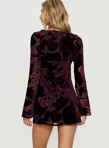 Alitra Long Sleeve Mini Dress Floral Devore Burgundy Princess Polly