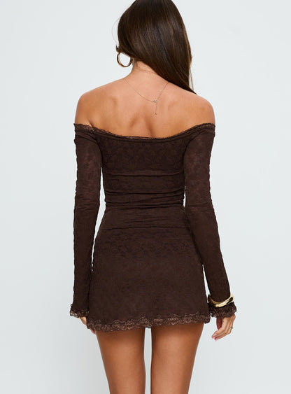 Avenues Long Sleeve Lace Mini Dress Chocolate Princess Polly