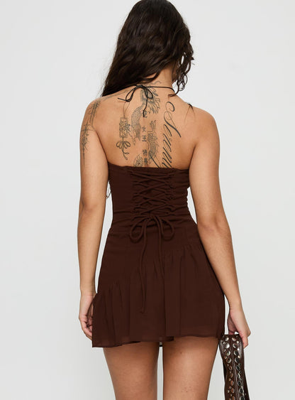Hadlea Strapless Asymmetrical Mini Dress Brown Princess Polly