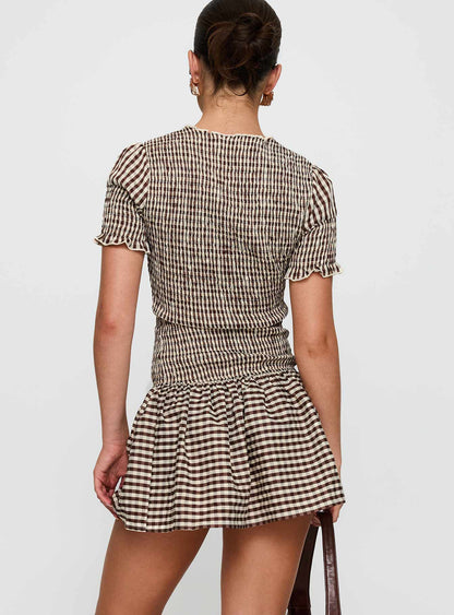 Laurita Shirred Mini Dress Brown Check Princess Polly