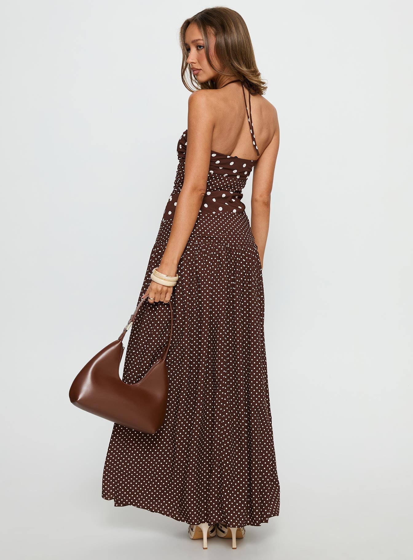 Marguerite Halter Maxi Dress Brown Polka Dot Princess Polly