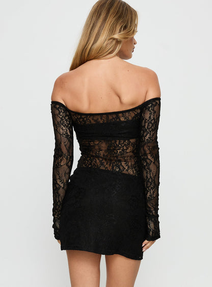 Annora Long Sleeve Lace Mini Dress Black Princess Polly