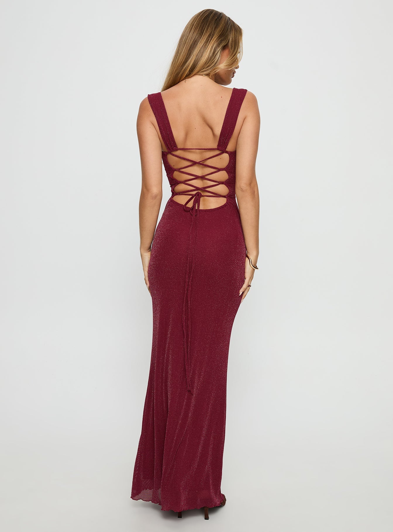 Crisanto Tie Up Ruched Maxi Dress Burgundy Princess Polly