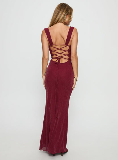 Crisanto Tie Up Ruched Maxi Dress Burgundy Princess Polly