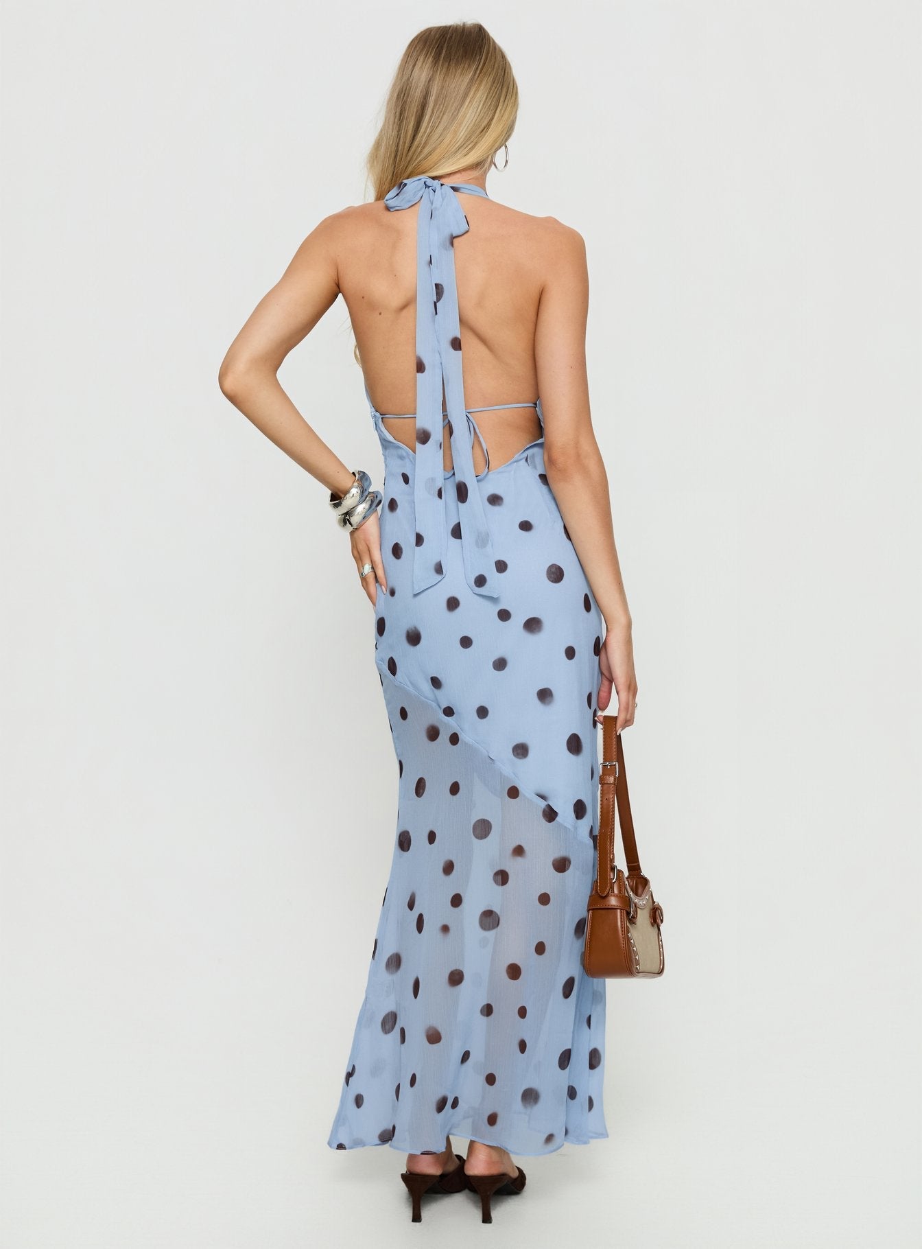 Oralee Halter Sheer Maxi Dress Blue / Polka Dot Princess Polly