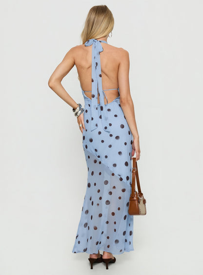 Oralee Halter Sheer Maxi Dress Blue / Polka Dot Princess Polly