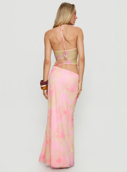 Dyanna Halter Mesh Maxi Dress Pink Floral Princess Polly