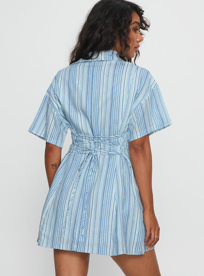 Wylla V Neck Linen Mini Dress Blue Stripe Princess Polly