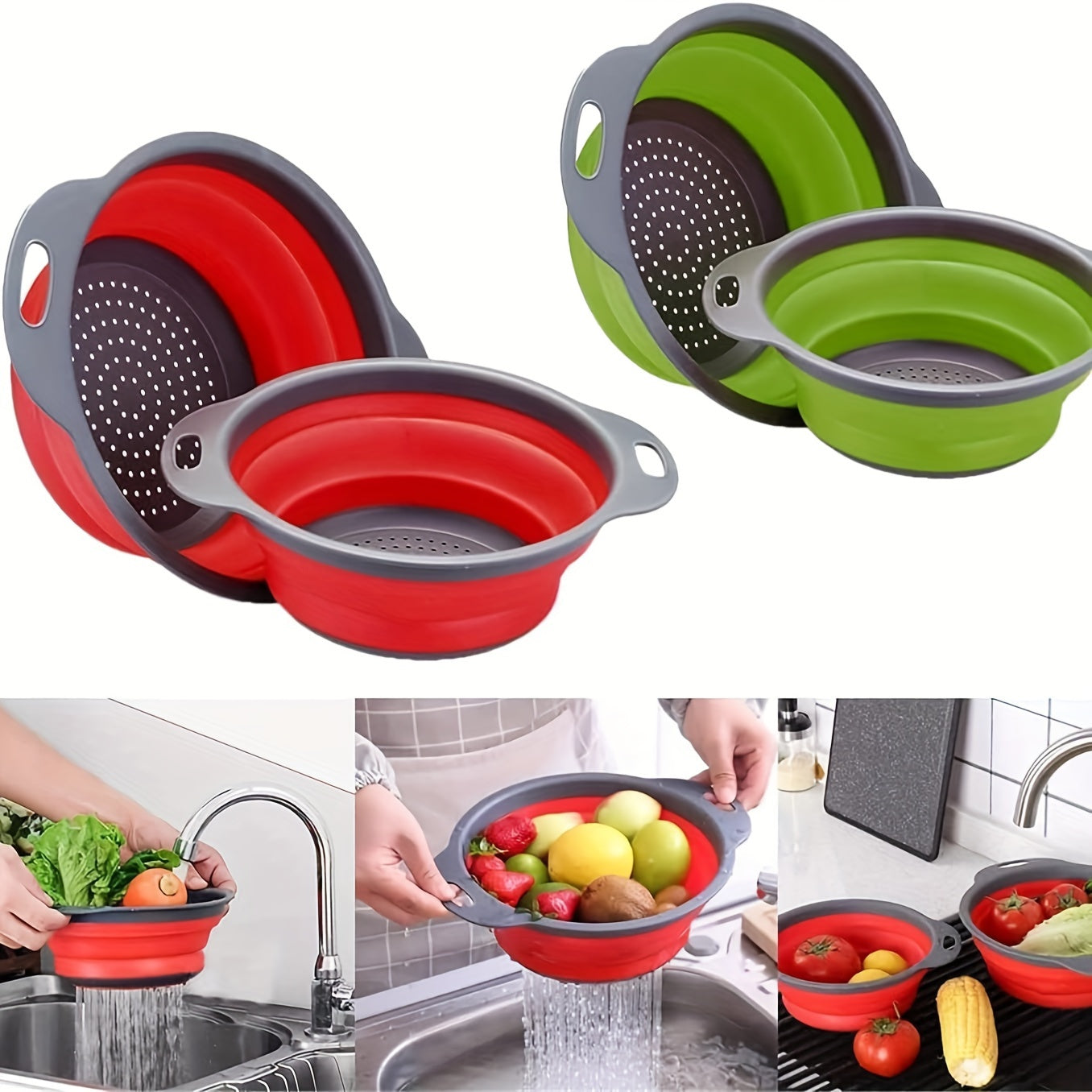 1/2 Set of Round Kitchen Draining Baskets, Foldable Funnel - Includes One Large And One Small, Perfect for Draining Pasta, Vegetables, And Fruits (Green, Red, Blue) Beauty Fashion