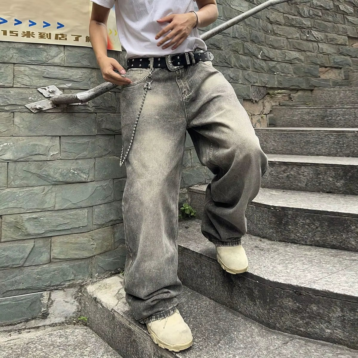 Vintage Men Y2K Stretchy Baggy Denim Jeans for Men Fashion Casual Pants Streetwear Denim Hip Hop Wide-Leg Straight Trousers