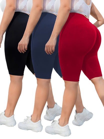 3-Pack Plus Size Yoga Shorts For Women, High Waist Peach Lift, Stretchy, Butt-lifting, High Elasticity, Fitness Activewear, Quick-Dry, Seamless Sport Shorts Set