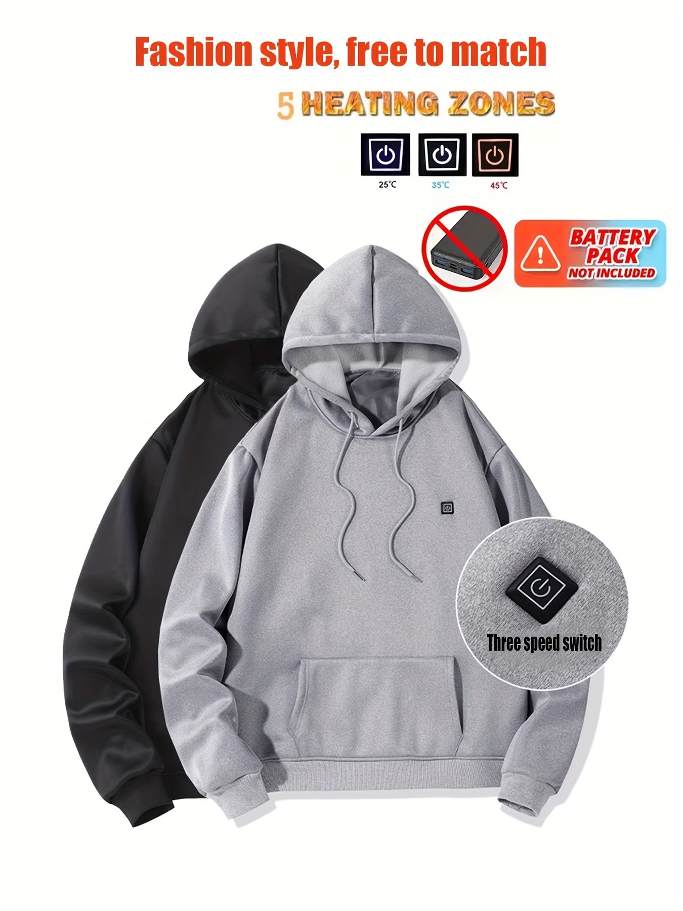 5 Heating Zones Heated Hooded Sweatshirt For Men – Autumn/Winter Outdoor Sport Pullover With Kangaroo Pocket – Battery Pack Not Included Beauty World Shop