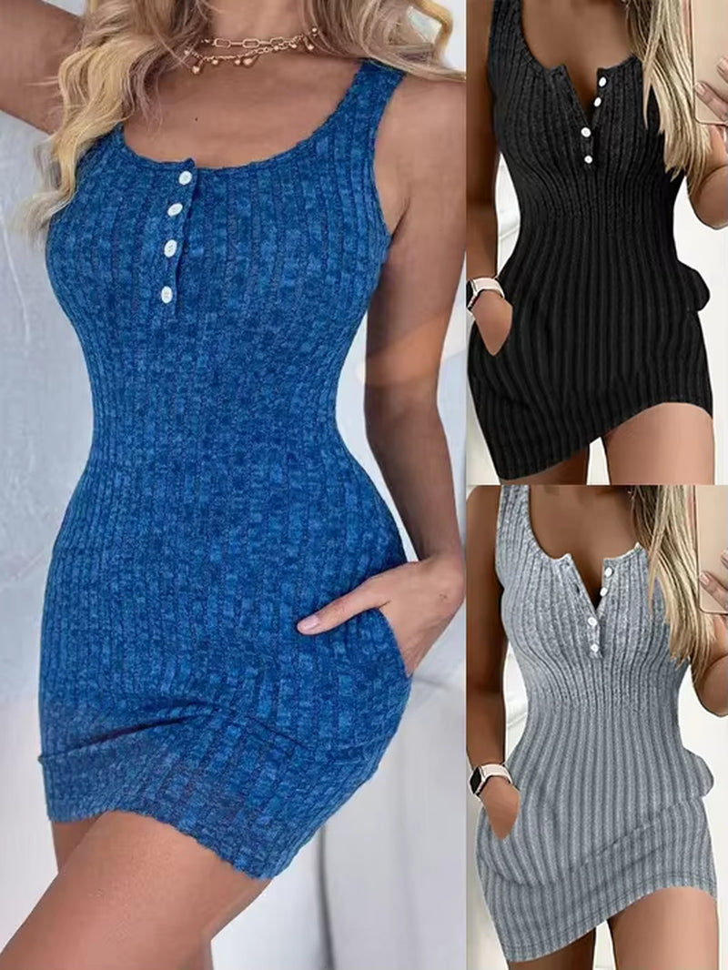 Button Front with Pocket Tank Dress Elegant Sleeveless Bodycon Dress for Spring Summer Women'S Clothing