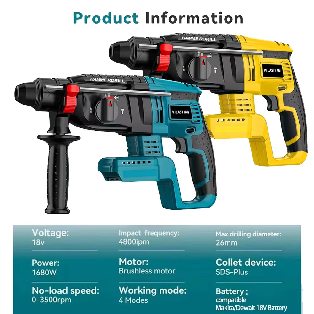 26MM Brushless Electric Hammer Drill Multifunctional Rotary Cordless Power Tools for Makita/Dewalt 18V Battery Pin