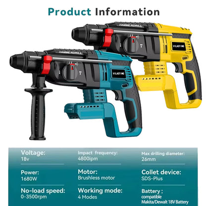26MM Brushless Electric Hammer Drill Multifunctional Rotary Cordless Power Tools for Makita/Dewalt 18V Battery Pin