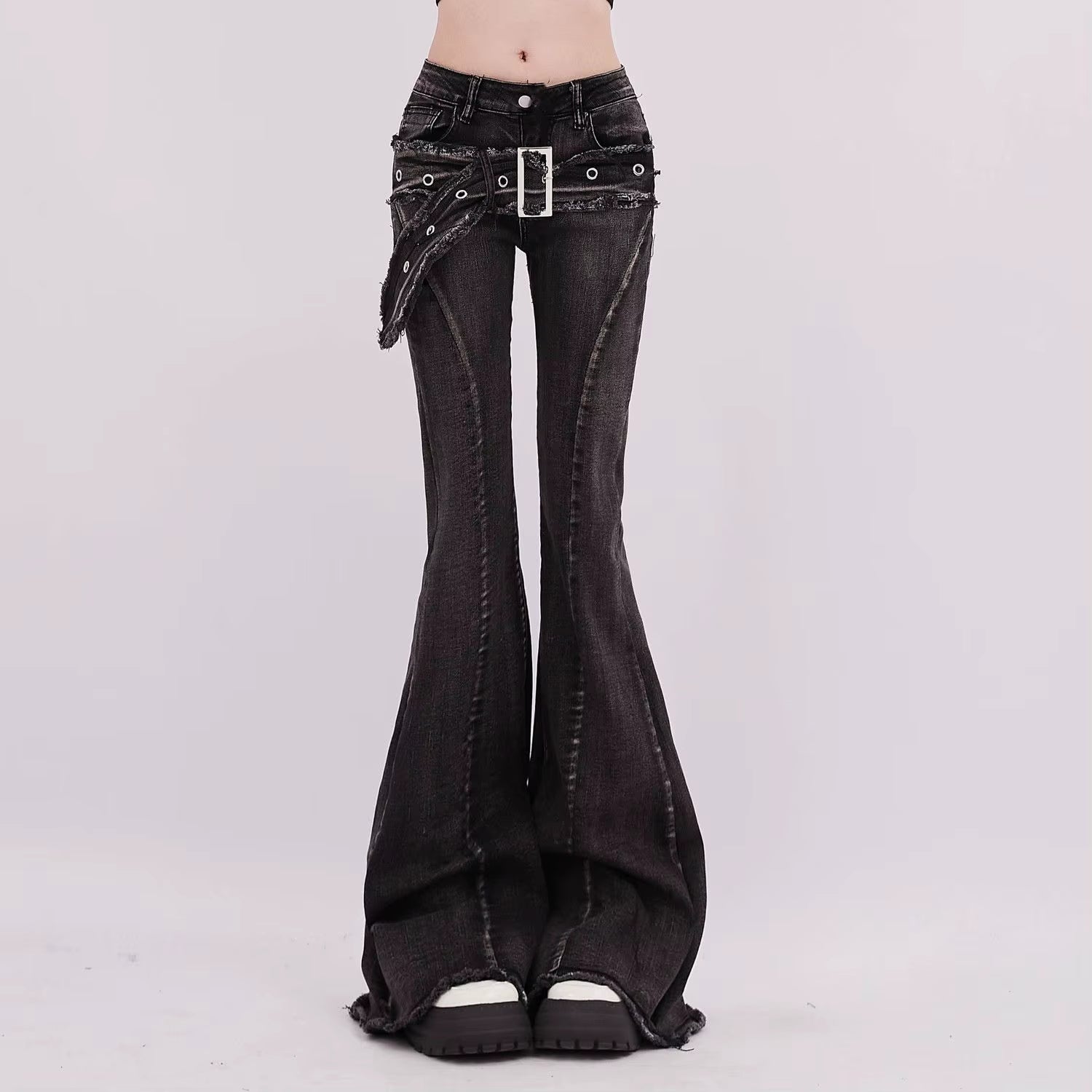 Vintage Slim Micro-Flare Jeans Women Ins Fashionable Splicing Belt Edge Y2K Pants High Waist Straight American Street Trousers