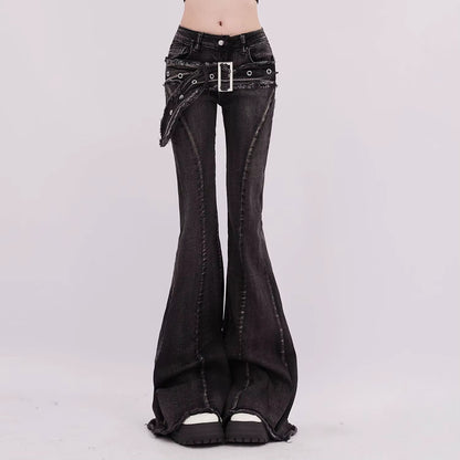 Vintage Slim Micro-Flare Jeans Women Ins Fashionable Splicing Belt Edge Y2K Pants High Waist Straight American Street Trousers