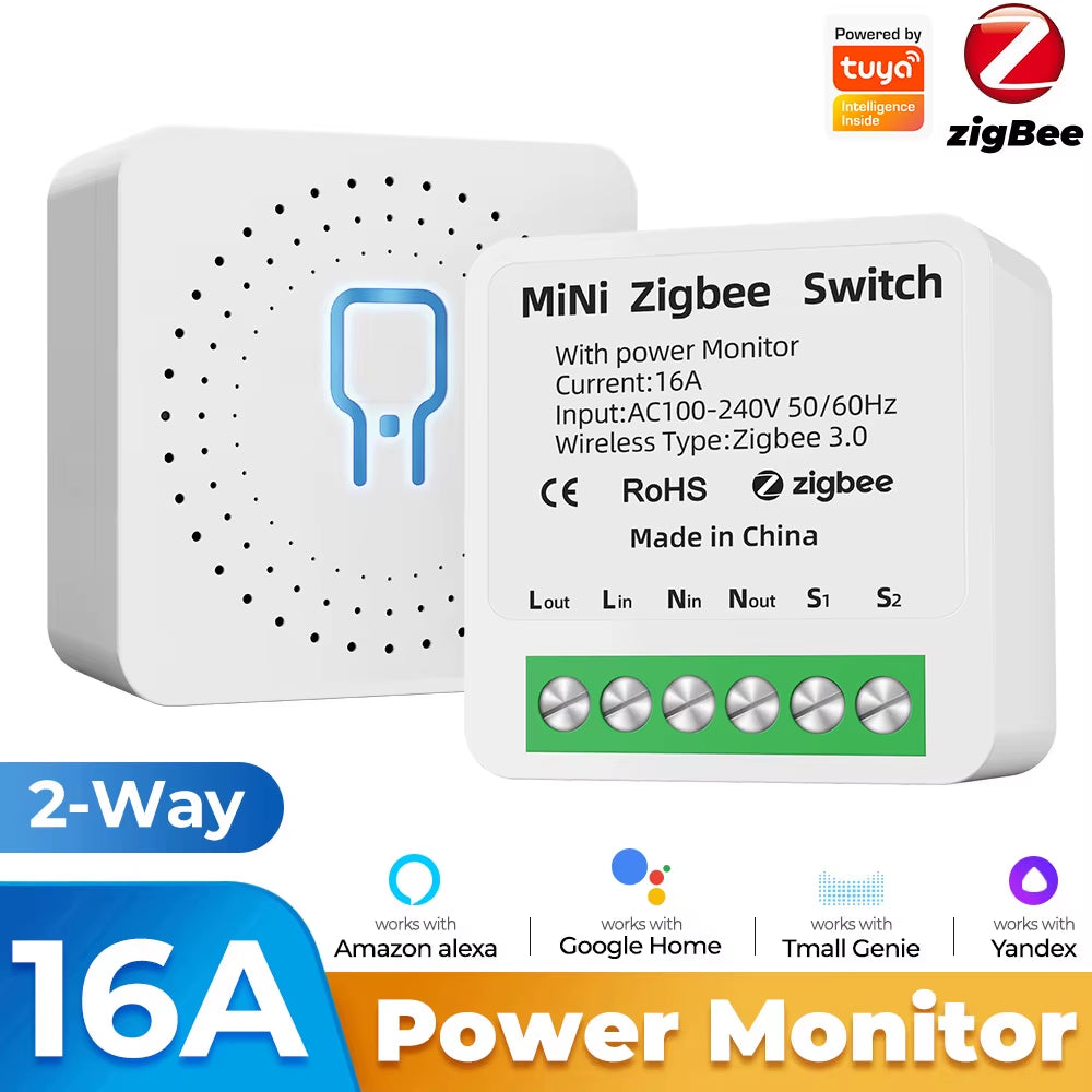 Tuya Smart Home Zigbee Wifi Smart Switch with Power Monitor 16A Mini Breaker Voice Control for Homekit Siri Alexa Google Alice