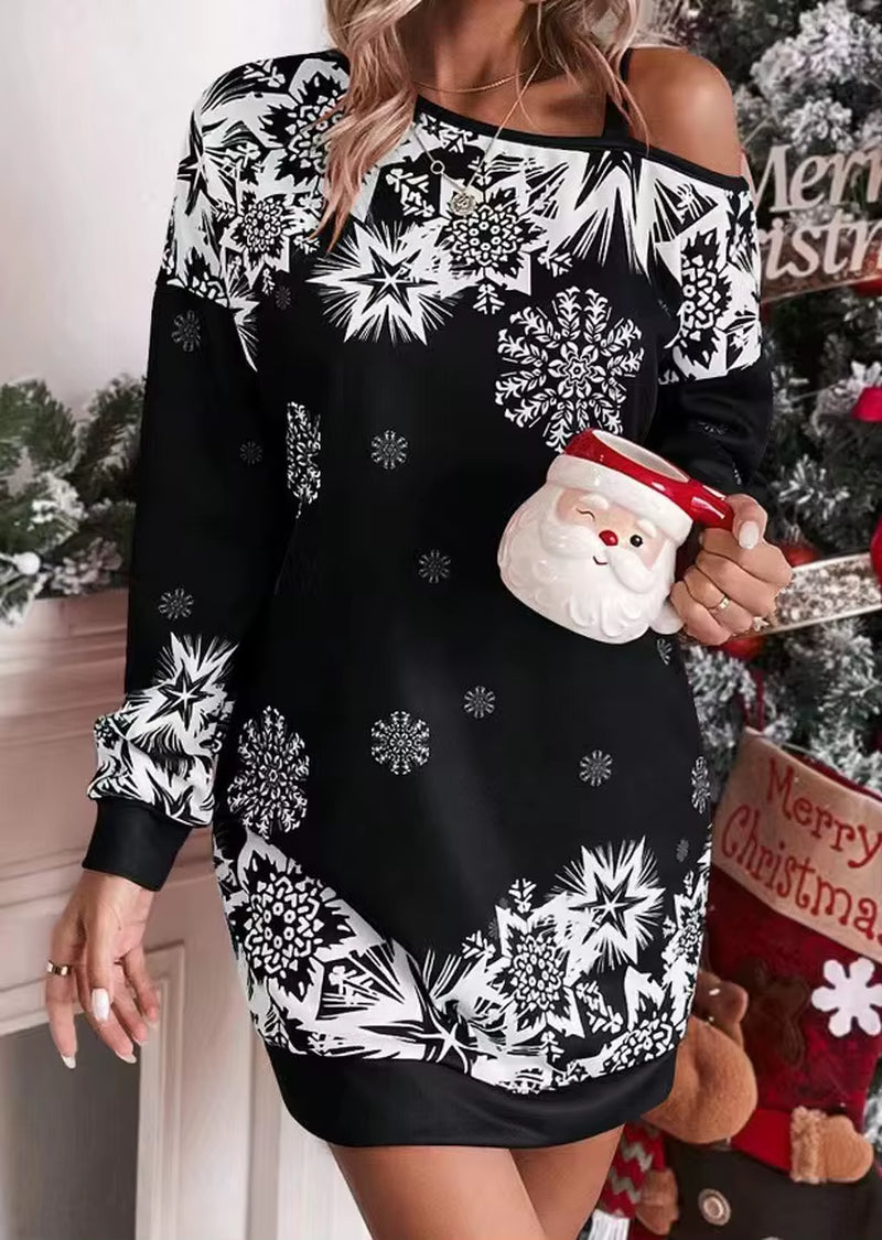 New Christmas Snowflake Print off Shoulder Dress Women Fashion Winter Long Sleeve Loose Party Mini Dresses for Women 2025