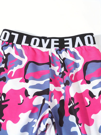 2sets/4pcs Letters Print Camouflage Sleeveless Vest Top + Pants Set For Girls - Versatile And Trendy Sport Set - Summer Wear - Perfect Gift for Active Girls