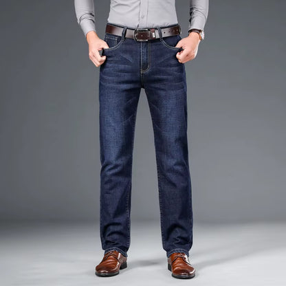 2024 Autumn Spring Fitted Straight Stretch Denim Jeans Classic Style Badge Youth Men'S Business Casual Jeans Trousers