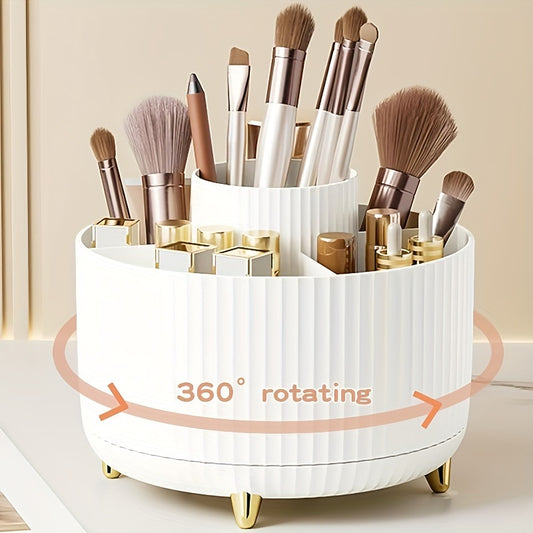 360° Rotating Makeup Organizer - 1pc Plastic Cosmetic Storage with 5 Compartments - Multi-Functional Holder for Brushes, Lipsticks, Skin Care Products, and Stationery - Durable Unscented Desk Caddy with Luxury Stripe Design Beauty Fashion