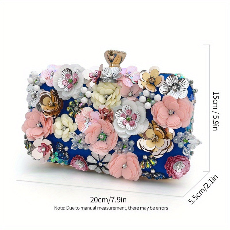3D Beaded Elegant Evening Bag, Flower Box Clutch Purse for Women's Wedding Party Prom Beauty Fashion