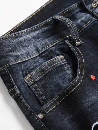 Men Y2K Stretchy Denim Jeans Ripped Skinny Letter Print Elastic Waist Casual Pants for Men Hole Slim Fit Denim Hip Hop Trousers