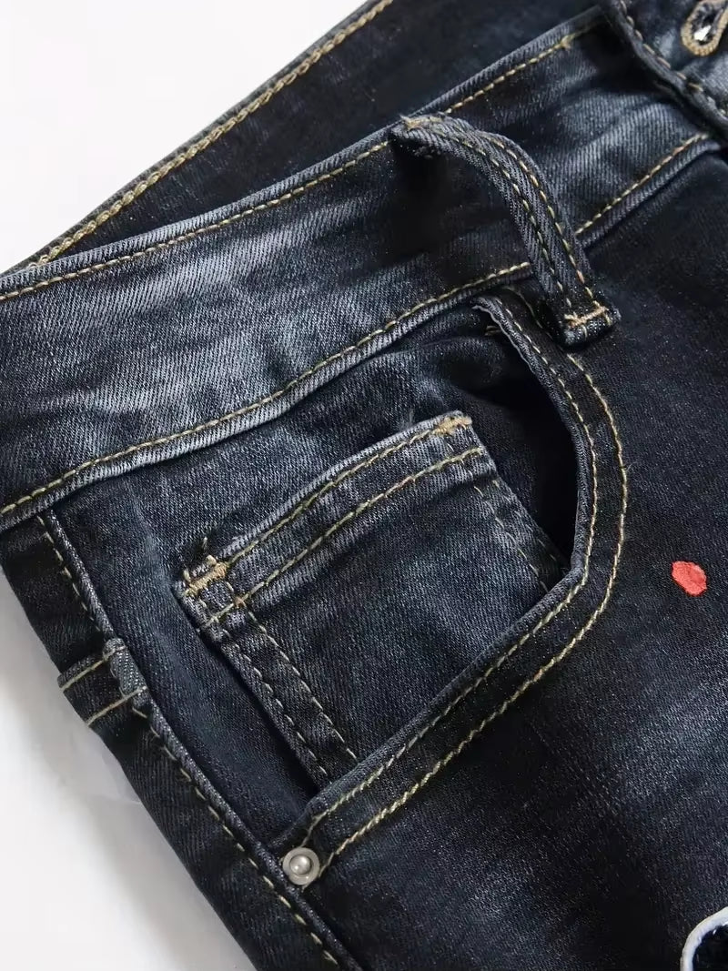 Men Y2K Stretchy Denim Jeans Ripped Skinny Letter Print Elastic Waist Casual Pants for Men Hole Slim Fit Denim Hip Hop Trousers