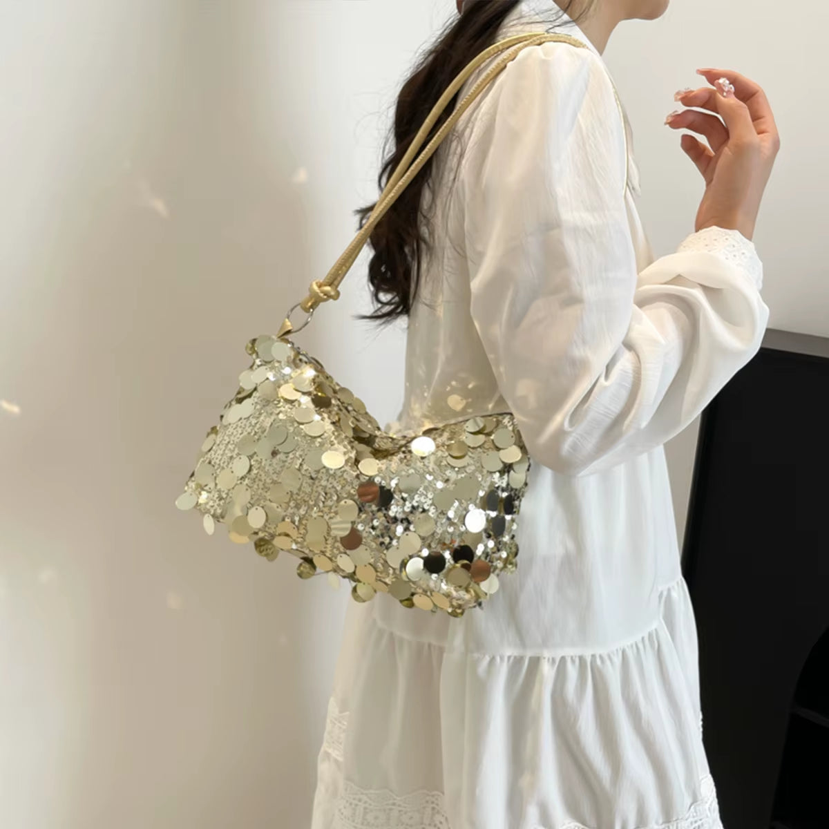 Women'S Sparkling Sequin Evening Shoulder Bag Glittering Gold Silver Secure Zipper Shiny Party Bag for Dinner Ball Handbag