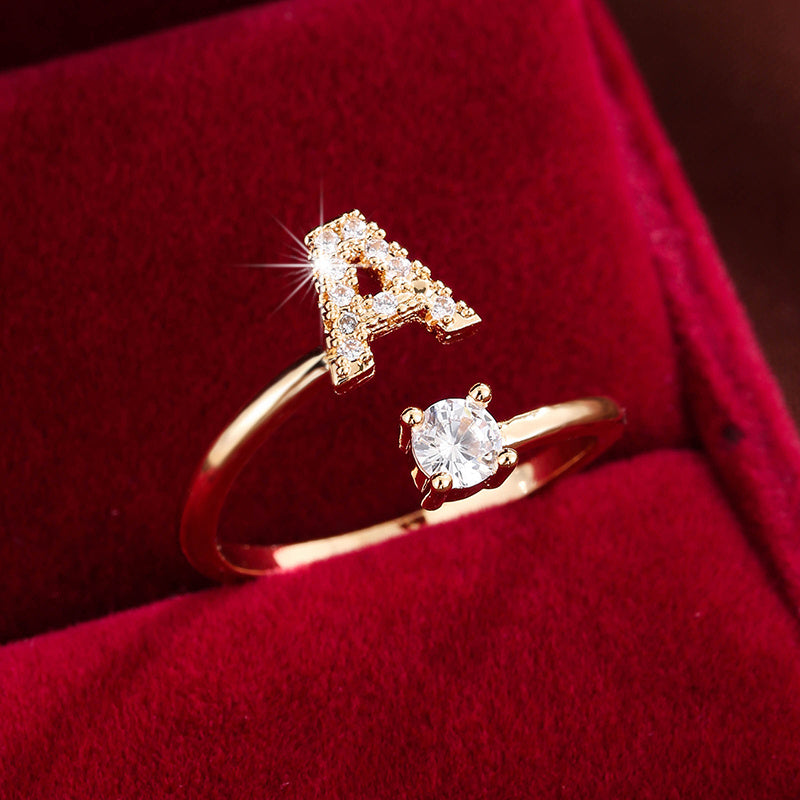 Fashionable 26 English Letters Four-Prong Synthetic Synthetic Zirconia Open Adjustment Ring Beauty Fashion