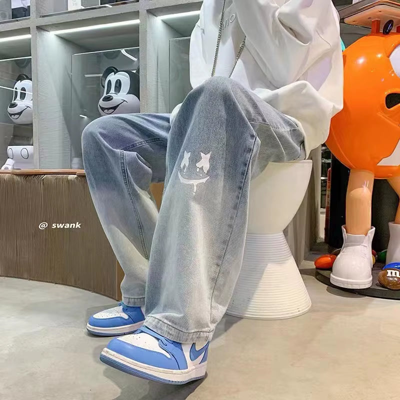 Harajuku Smile Print Baggy Pants Men Streetwear Wide Leg Oversize Jeans Vintage Y2K Straight Long Trousers Male 2024 Fashion