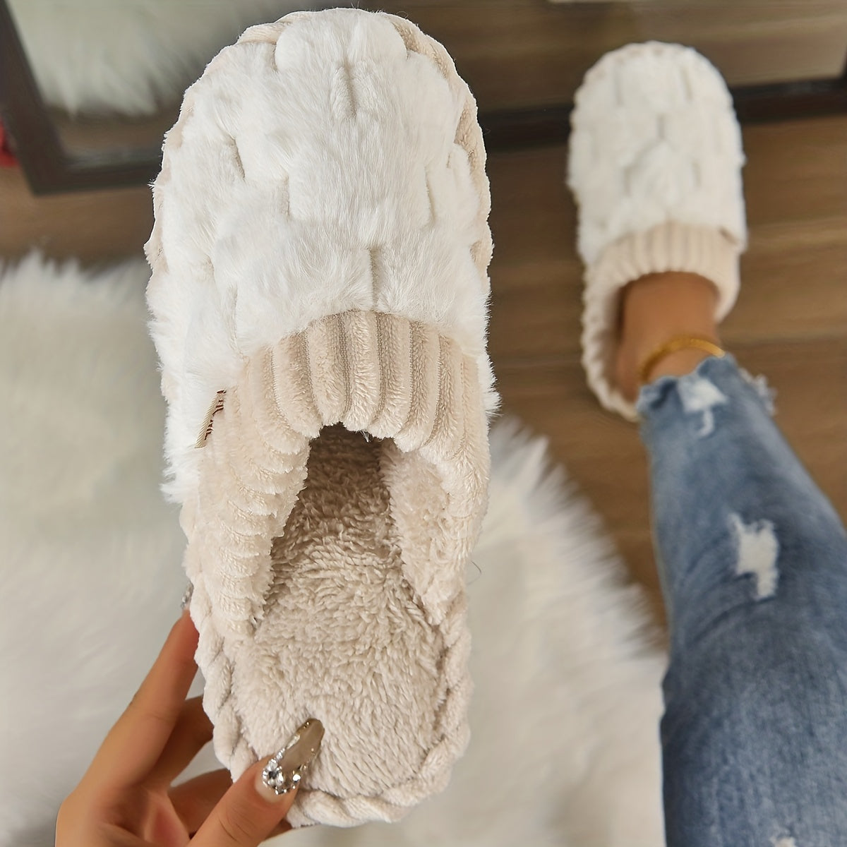 Colorblock Faux Fur Slippers, Casual Slip On Plush Lined Shoes, Comfortable Indoor Home Slippers Beauty Fashion