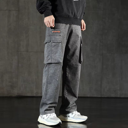 New Men'S Loose Cargo Jeans Outdoor Paratrooper Straight Pants Fashionable Stretch Loose Wide Leg Pants Large Size 4XL 5XL