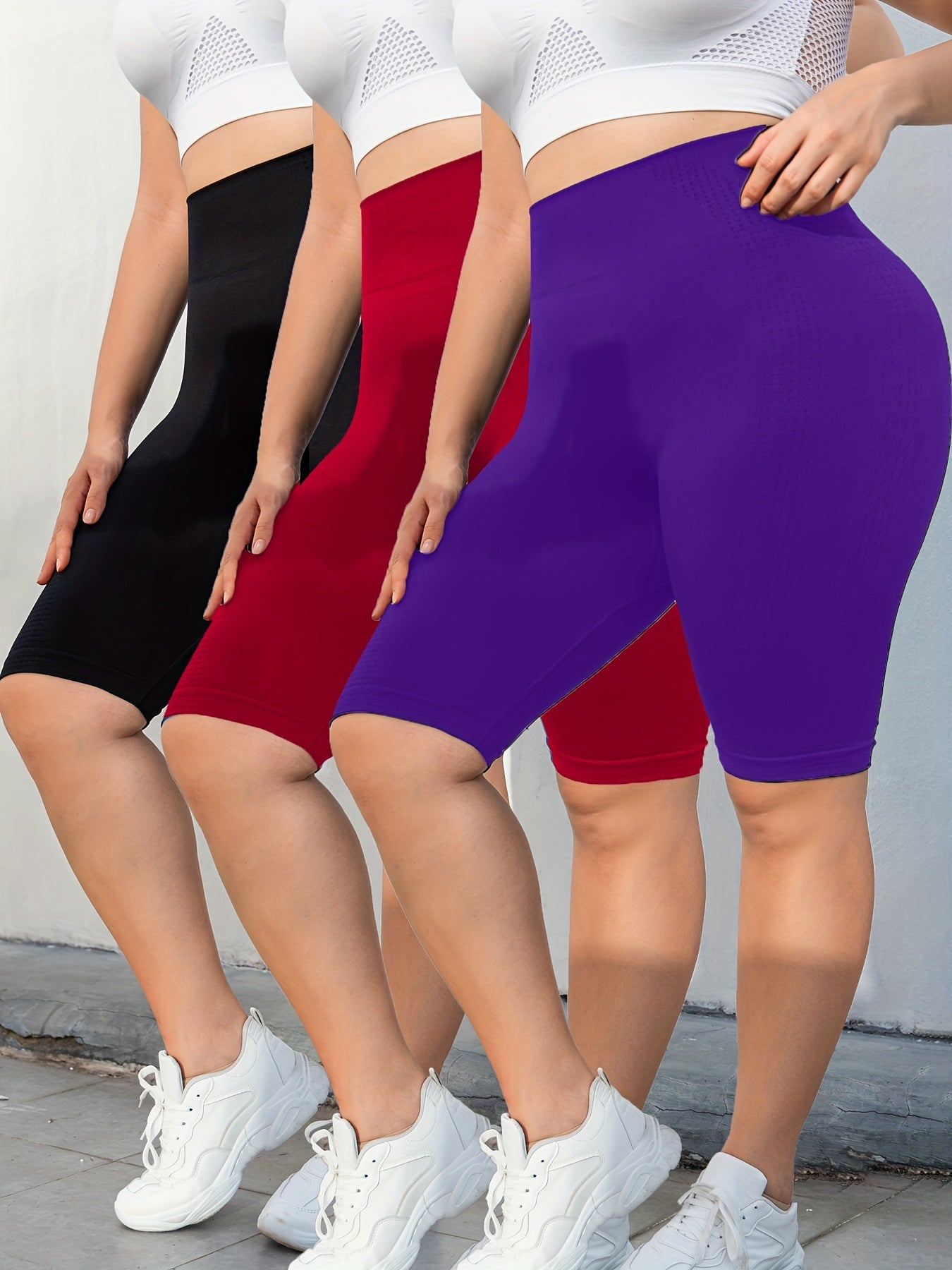 3-Pack Plus Size Yoga Shorts For Women, High Waist Peach Lift, Stretchy, Butt-lifting, High Elasticity, Fitness Activewear, Quick-Dry, Seamless Sport Shorts Set
