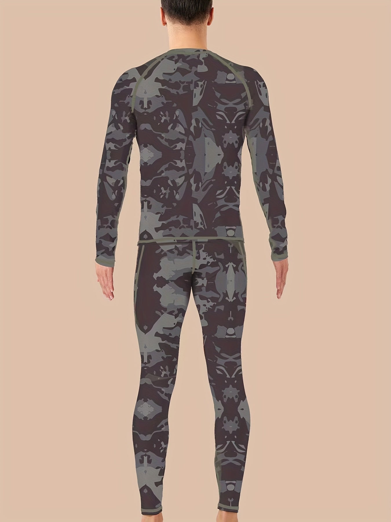 Camouflage Print Thermal Underwear For Men, Long Johns Set With Fleece, Winter Hunting Outdoor Running Cycling Ski Equipment Sports Yoga Fitness Base Layer Sport Top & Bottom