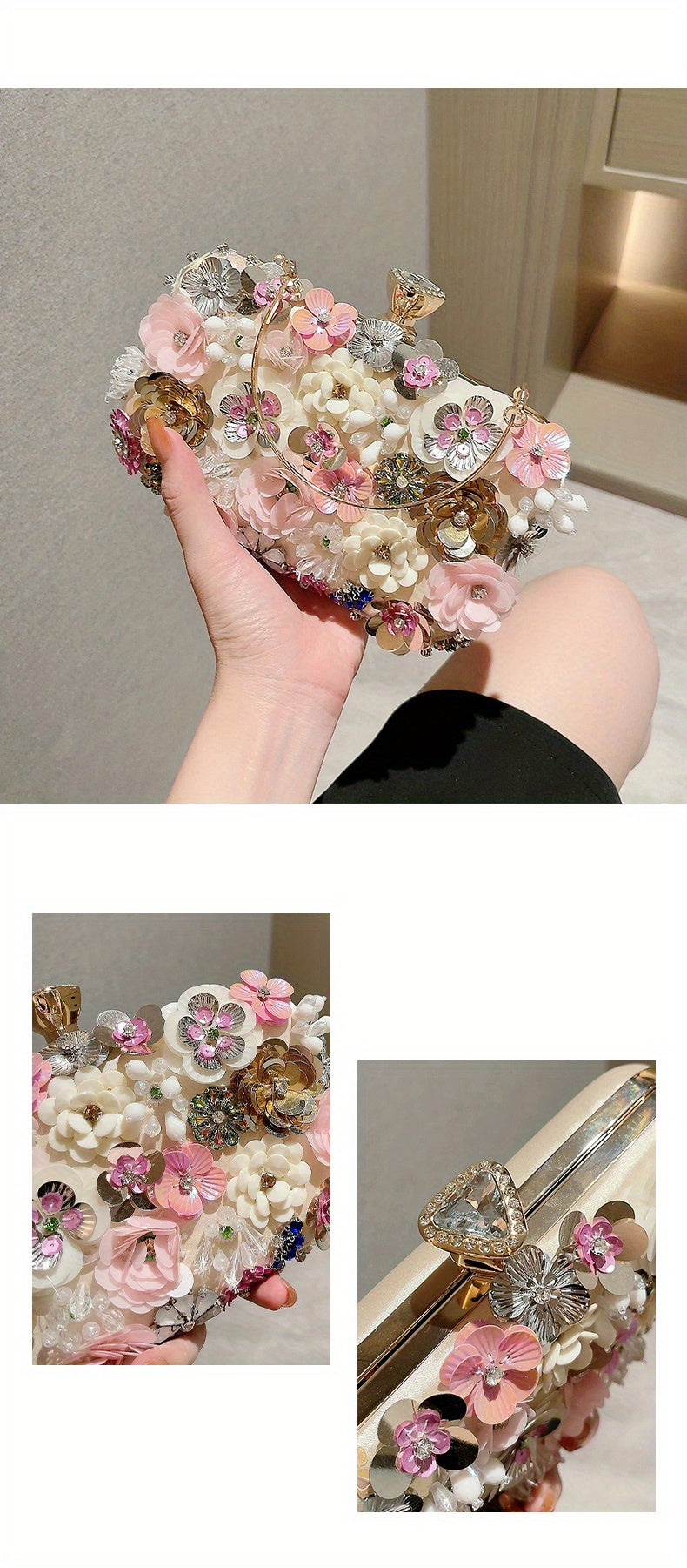 3D Beaded Elegant Evening Bag, Flower Box Clutch Purse for Women's Wedding Party Prom Beauty Fashion
