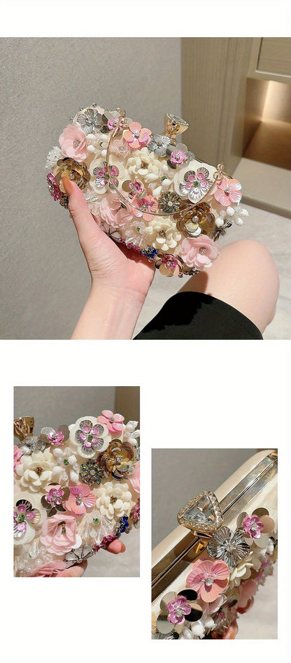 3D Beaded Elegant Evening Bag, Flower Box Clutch Purse for Women's Wedding Party Prom Beauty Fashion