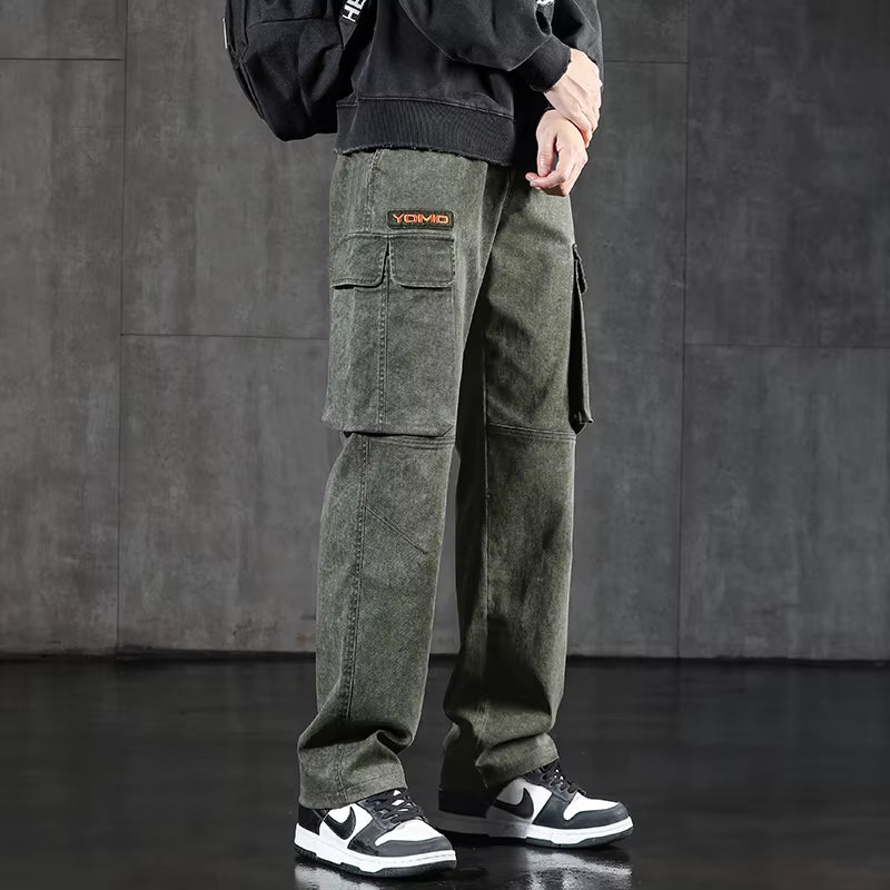 New Men'S Loose Cargo Jeans Outdoor Paratrooper Straight Pants Fashionable Stretch Loose Wide Leg Pants Large Size 4XL 5XL
