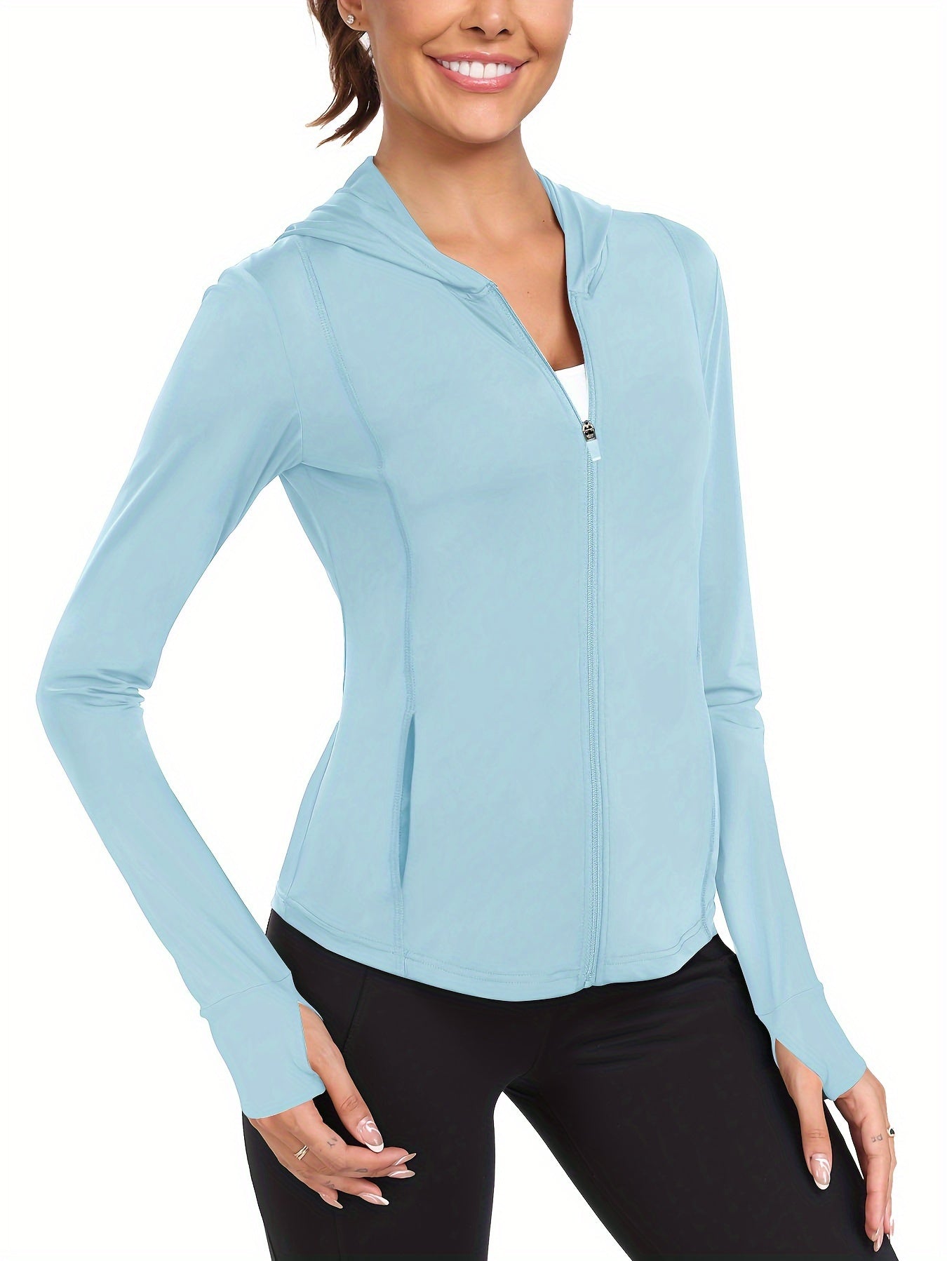 Women's Full-Zip Long Sleeve Sport Shirt with Thumbhole Design - Moisture-Wicking Protection Yoga Running Top, Light Blue All-Season Machine Washable Activewear, Running Shirt | Sporty Look | Stretchable Fabric Beauty World Shop