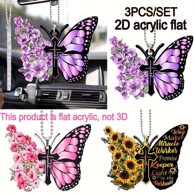 3pcs/set Flower Butterfly Jesus Cross Hanging Ornament, 2D Car Rearview Mirror Hanging Accessories, Keychain And Bag Pendants, Holiday Gift Beauty Fashion