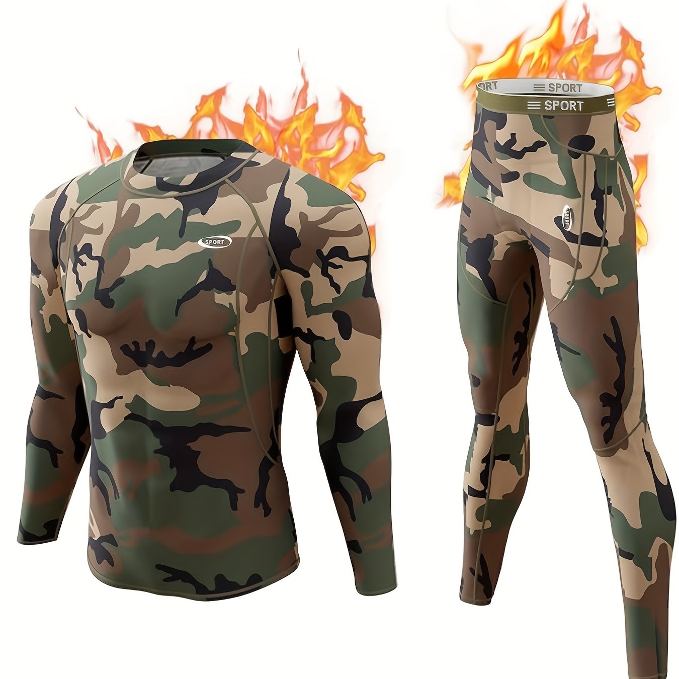 Camouflage Print Thermal Underwear For Men, Long Johns Set With Fleece, Winter Hunting Outdoor Running Cycling Ski Equipment Sports Yoga Fitness Base Layer Sport Top & Bottom