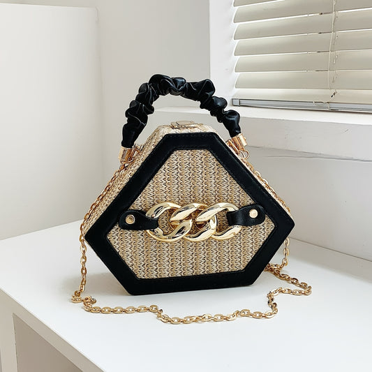 Trendy Chain Handbag, Fashion Top Handle Straw Box Bag, Women's Vacation Style Purse Beauty Fashion