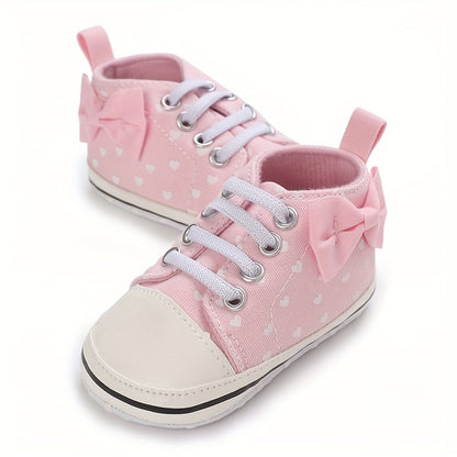 Baby Girls Heart Printed Lightweight Skate Shoes With Bowknot, Comfortable Non-slip Sport Walking Toddler Shoes, Fall Beauty World Shop