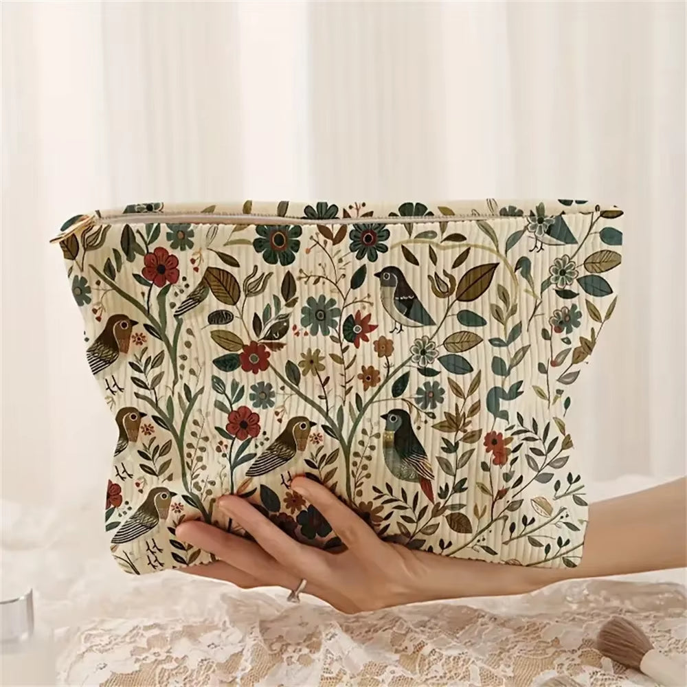 1Pc Cosmetic Bags Branch Bird Pattern Women'S Makeup Bag Corduroy Cosmetic Storage Bag Portable Commuting Travel Toiletry Bag