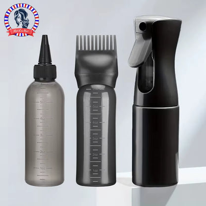 3-Pcs Plastic Refillable Continuous Spray Bottles, Root Comb Applicator Bottle & Squeeze Bottle Set Dye Hair Oil Applicator