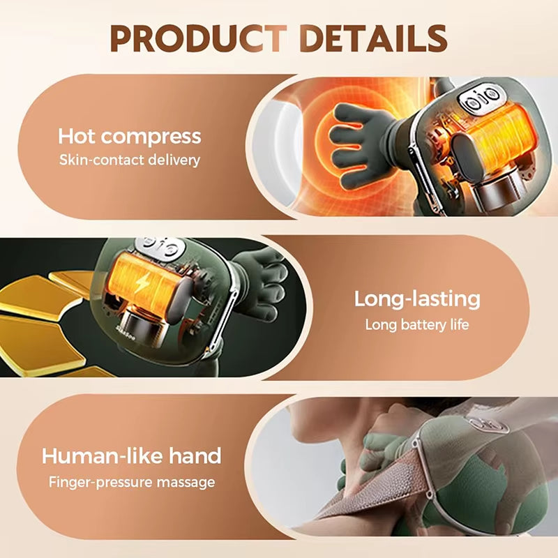 Neck Massager with Real Hand Simulation Wireless Portable Neck and Back Massager 4D Kneading Massage Design for Pain Relief