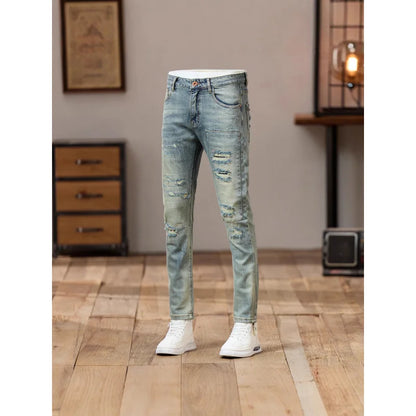 2025 Autumn Retro Light Blue Distressed Jeans for Men American Style Trendy Slim Fit Street Style Cool Brand Pants