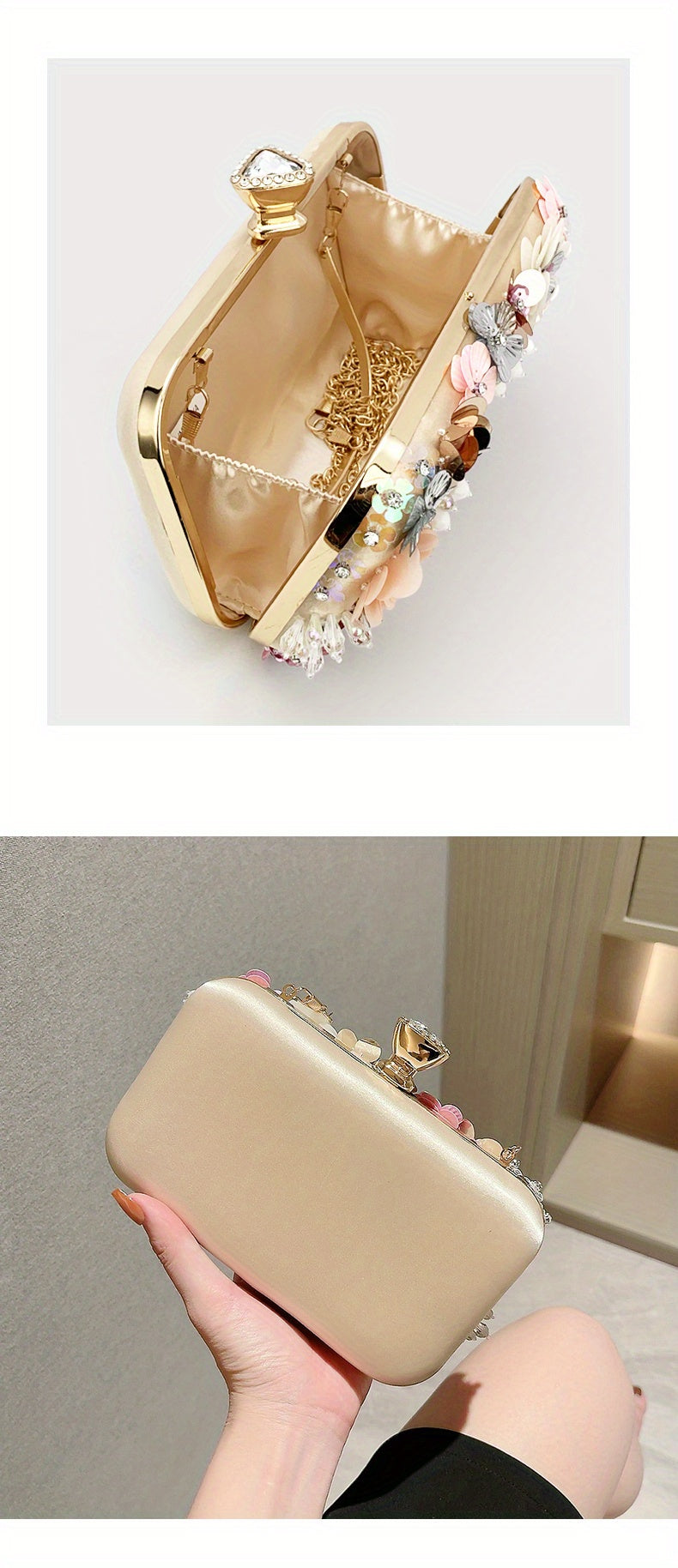 3D Beaded Elegant Evening Bag, Flower Box Clutch Purse for Women's Wedding Party Prom Beauty Fashion